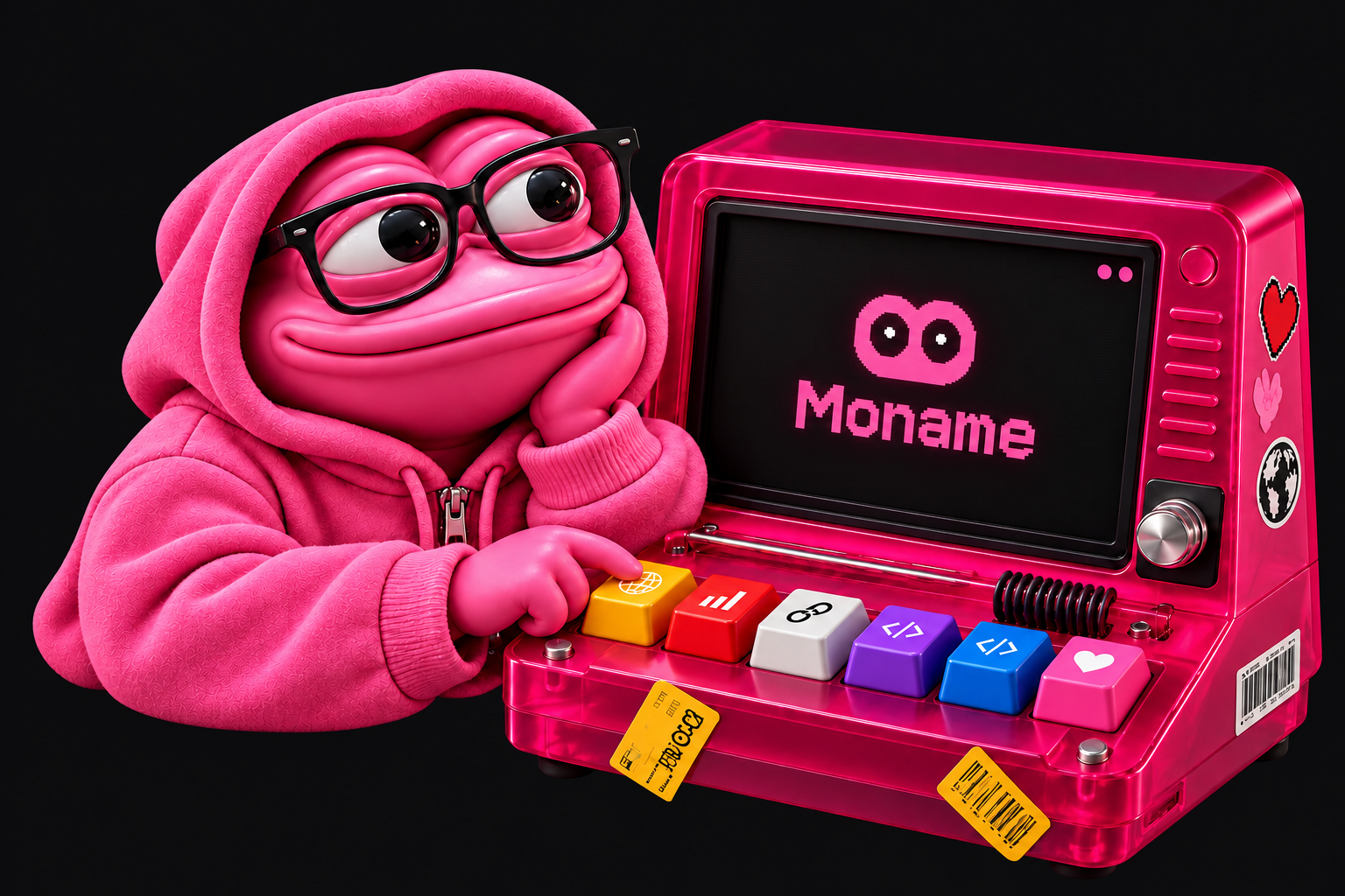 The pink Moname mascot wearing glasses and a hoodie, leaning beside its retro pink machine. The screen displays Moname’s twin-eye logo.